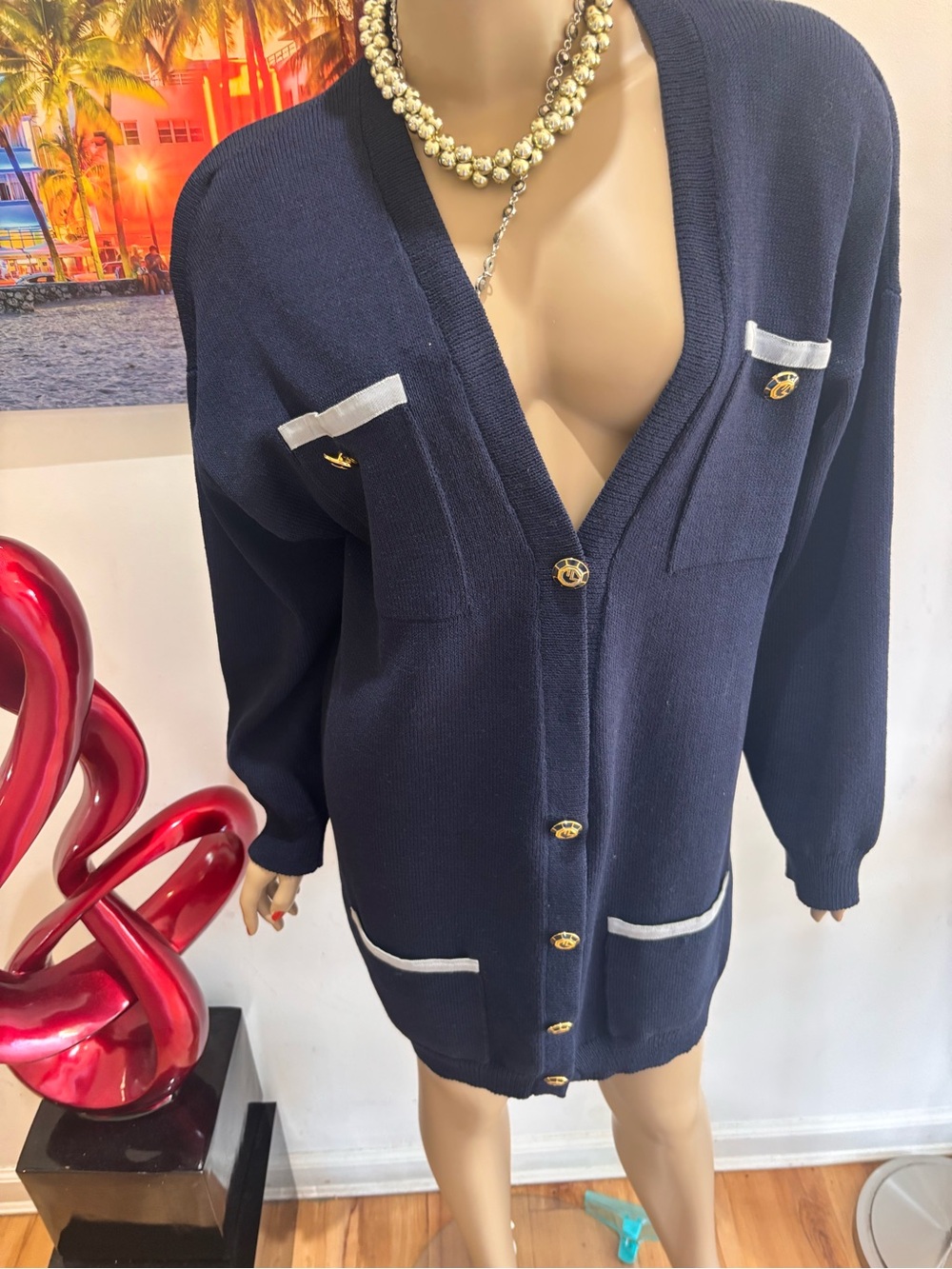 St. John Navy Knit Blazer Cardigan with Gold Buttons Large